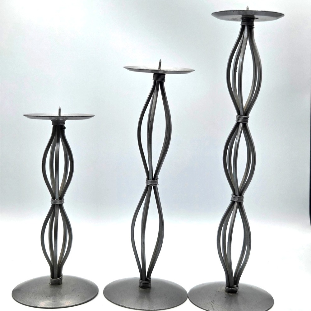 Vintage Wrought Iron Pillar Candle Holders Twisted Set Of 3  9" 11" 14" Tall